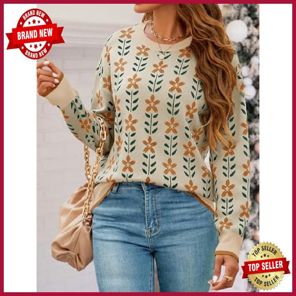 Oversized Knitted Pullover Sweater Long Sleeve Crewneck Trendy Fall Top - Picture 3 of 8